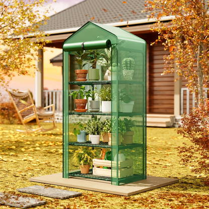 4 Tier Mini Greenhouse for Indoor Outdoor Plants – Portable PE Cover Greenhouse with Rack Stand for Seedlings, Seasonal Decoration & Year-Round Plant Care