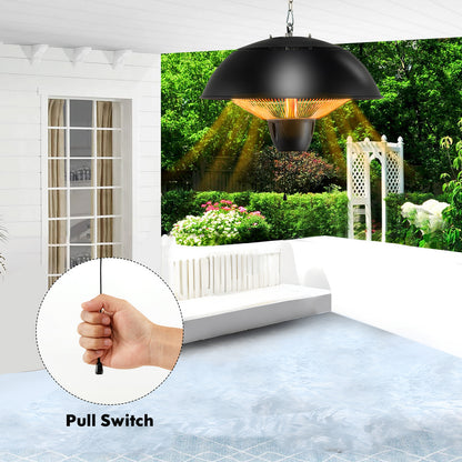 Hanging Patio Heater 1500W Electric Ceiling Mounted Heater with Halogen Tubes, 360° Coverage, Adjustable 23" Chain, Pull Switch, Dual Heat & Light Function for Garage, Balcony, Gazebo & Courtyard