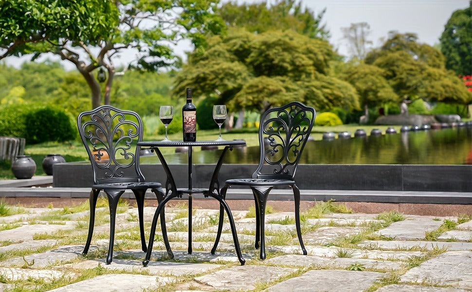 Patio Bistro Set 3 Piece Cast Aluminum Outdoor Table and 2 Chairs with Umbrella Hole All Weather Front Porch Balcony Furniture Set Black