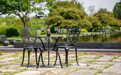 Patio Bistro Set 3 Piece Cast Aluminum Outdoor Table and 2 Chairs with Umbrella Hole All Weather Front Porch Balcony Furniture Set Black