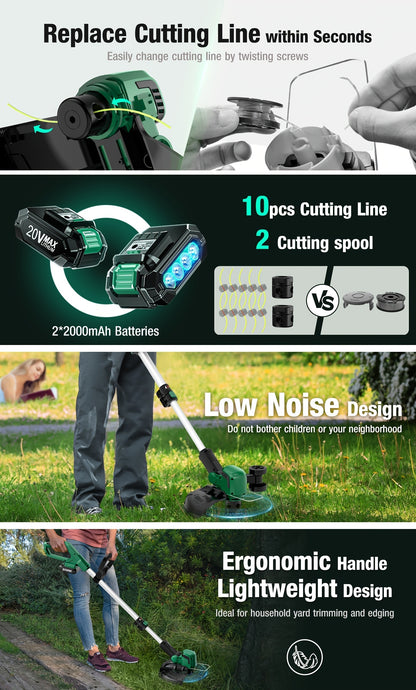 String Trimmer Cordless 2-in-1 Weed Wacker & Lawn Edger with Wheels – KIMO Brushless Motor 20000 RPM, 12" Cutting Width, 2x 2.0Ah Batteries, Lightweight for Yard Garden Patio & Landscaping