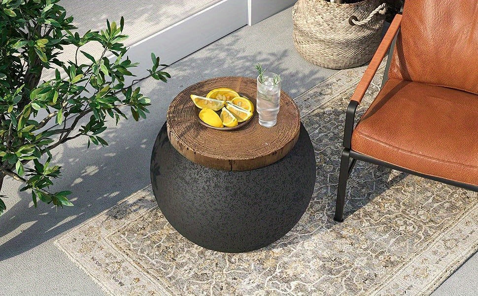 Outdoor Side Table 17in Concrete with Wood-Look Top, Accent End Table for Patio, Garden Stool for Living Room, Bedroom, Backyard Decor, Black & Hourglass Style