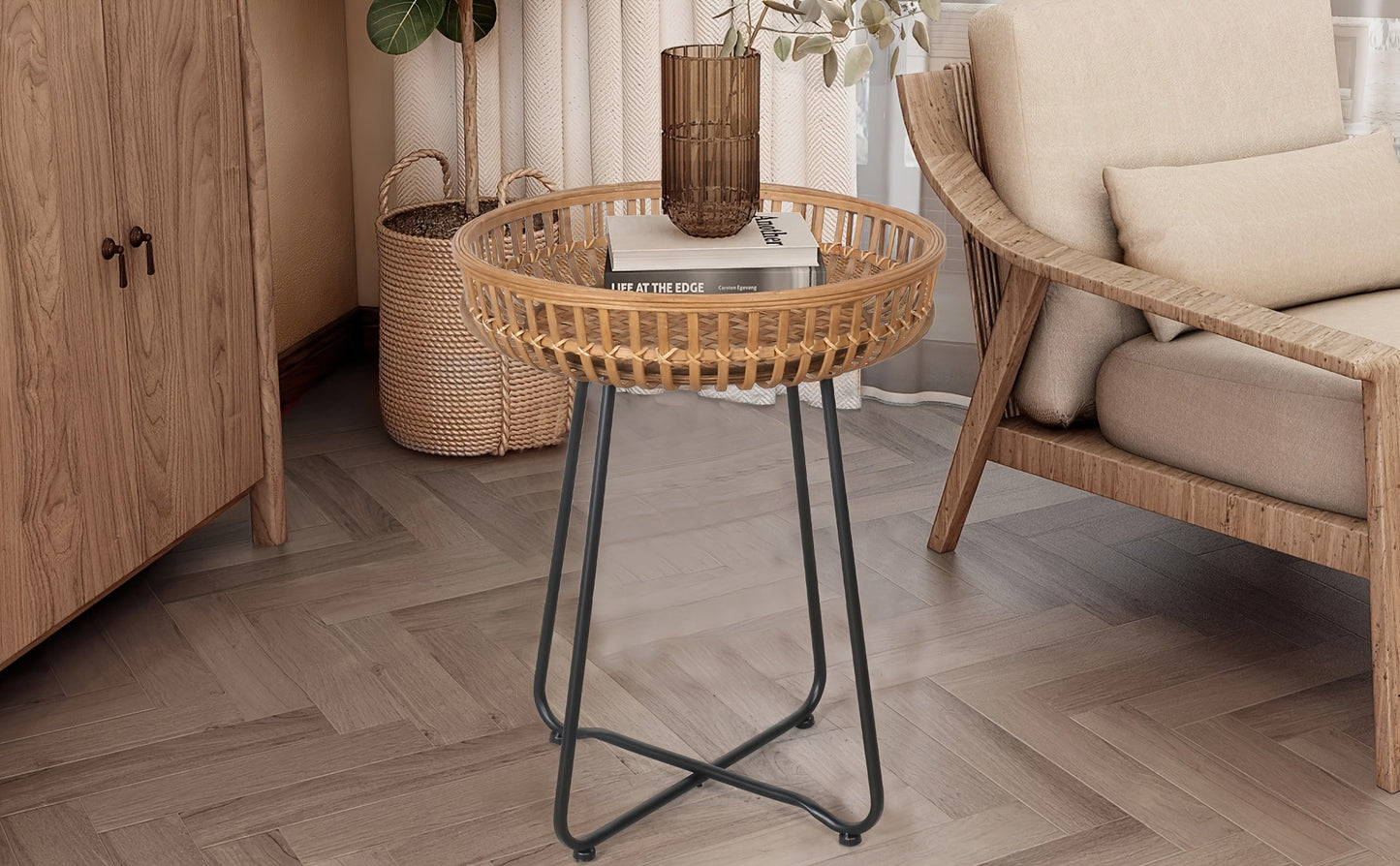 Rattan Side Table Nesting Tables Set of 2 Round Boho End Table Natural Bamboo Woven Coffee Table Metal Base for Living Room Bedroom Sofa Terrace