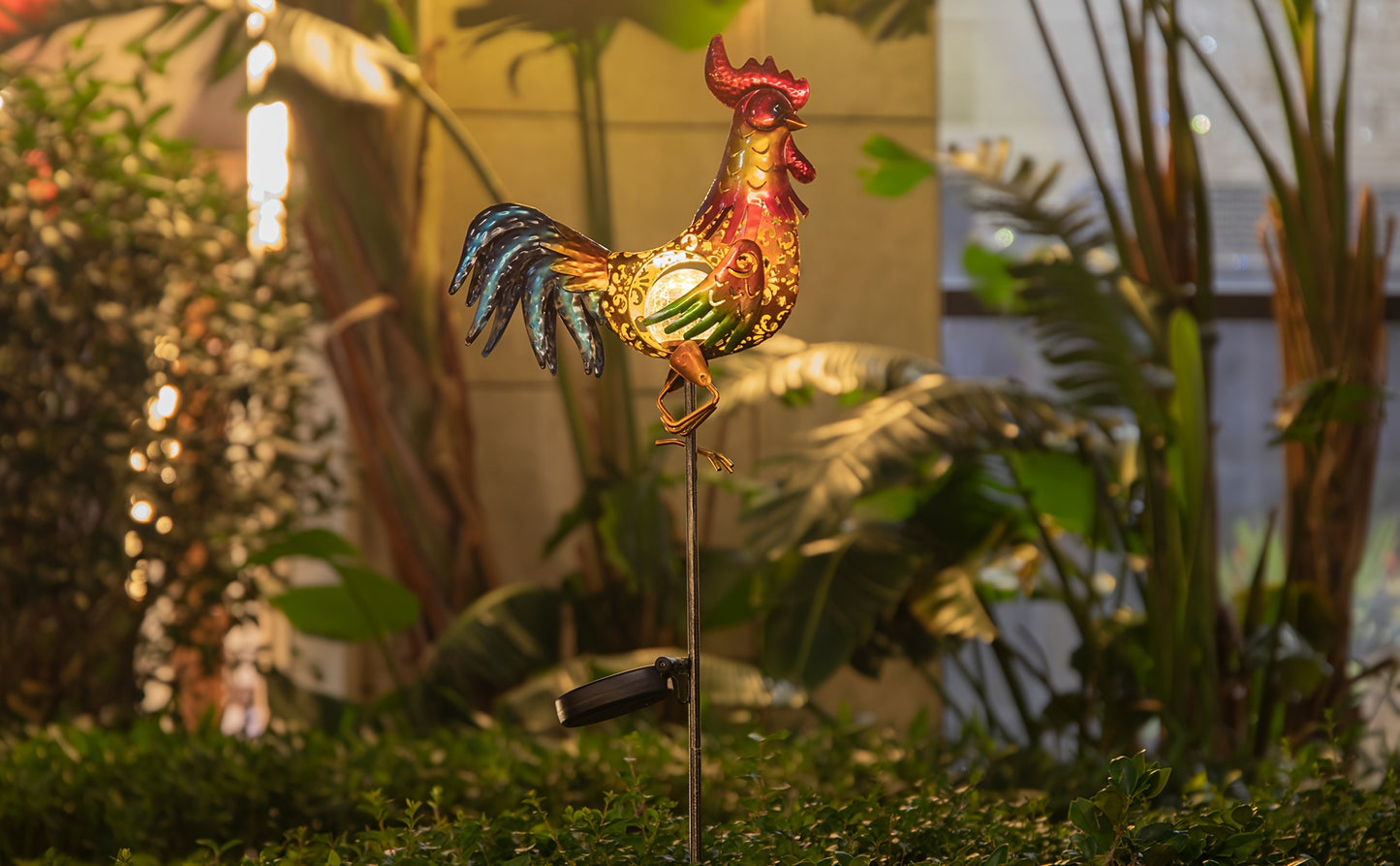 Solar Chicken Garden Lights Outdoor Decorative LED Rooster Yard Art Stake Metal Statue Gifts for Chicken Lovers Women Patio Lawn Decor