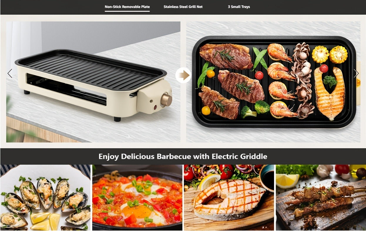 Indoor Smokeless Electric Grill 1500W Non-Stick Raclette Table Grill with Removable Plate & 3 Mini Pans Dishwasher Safe Compact BBQ Griddle