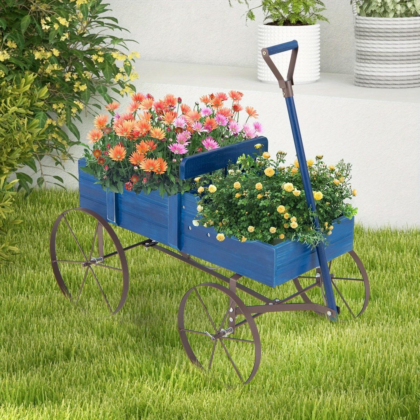 Wooden Flower Stand with 4 Wheels – Rolling Plant Trolley for Garden, Balcony & Terrace