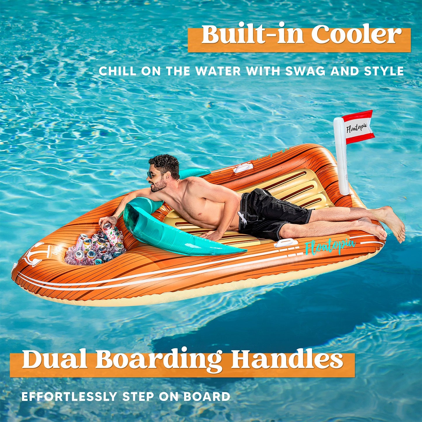 Giant Inflatable Boat Pool Float with Cooler | 8-Foot 2-Person Raft Lounge Float for Pool Beach Lake Summer Party