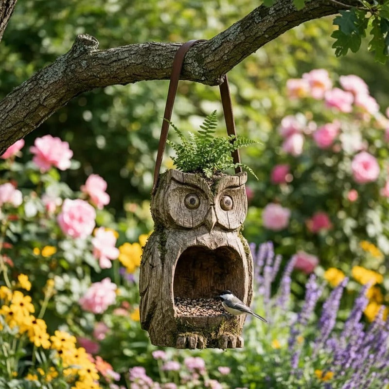 Bird Feeder Hanging Outdoor Rustic Wood Owl-Shaped Plant Pot for Patio Lawn Garden Decor - Open Design Decorative Planter for Bird Seed or Plants, Wood Grain Finish