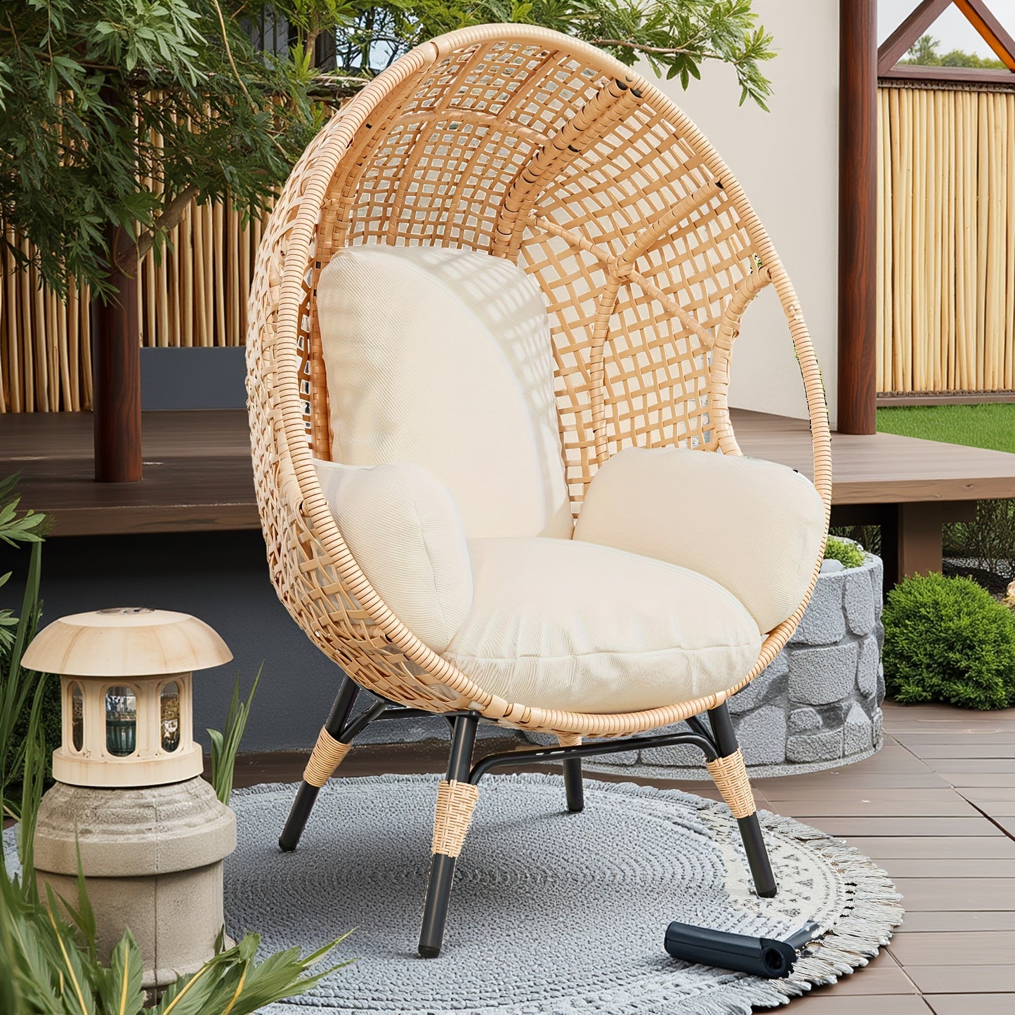 Egg Chair Outdoor Wicker Oversized Hanging Basket Chair with Stand & Cushion 500LBS Capacity UV-Resistant Rattan Style Patio Lounge Chair for Garden Backyard Balcony Porch Beige Black