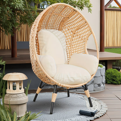 Egg Chair Outdoor Wicker Oversized Hanging Basket Chair with Stand & Cushion 500LBS Capacity UV-Resistant Rattan Style Patio Lounge Chair for Garden Backyard Balcony Porch Beige Black