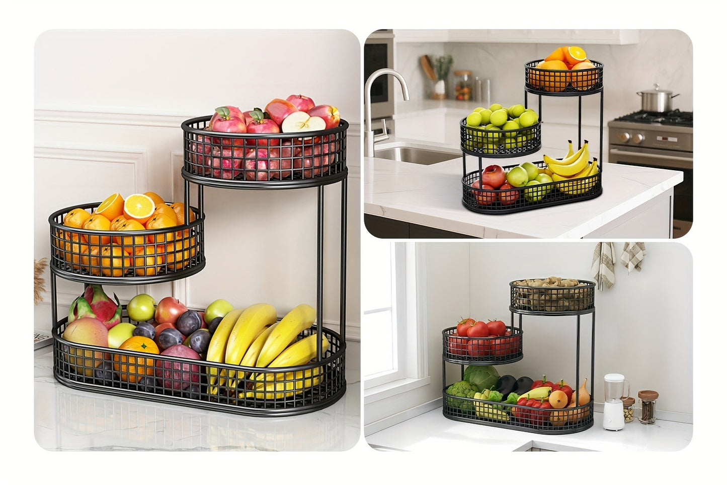 3-Tier Metal Fruit Basket Large Capacity Black Wire Rack | Kitchen Countertop Organizer for Fruits Vegetables Bread Snacks