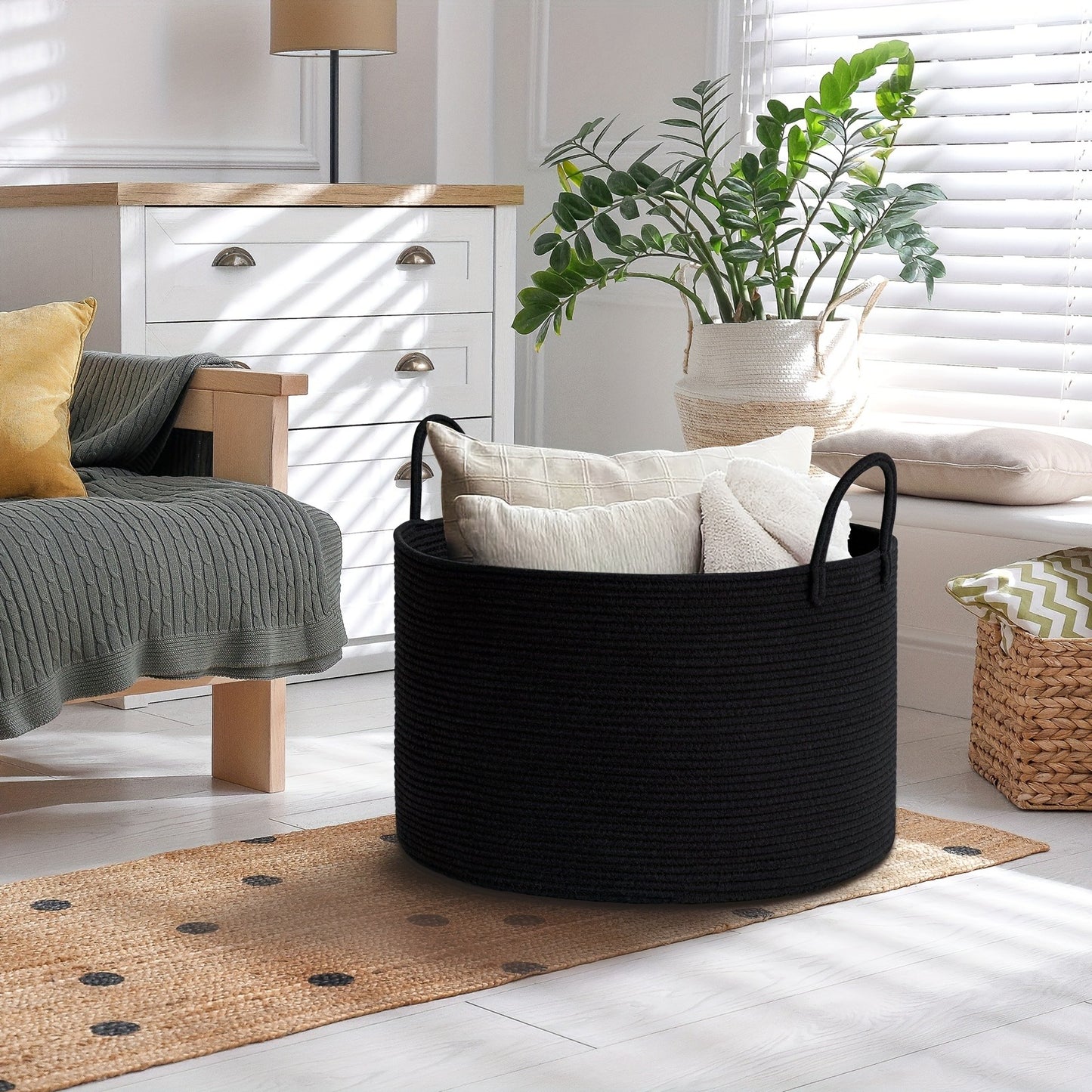 Rope Basket with Handles | Large Capacity Storage Organizer for Blankets, Clothes & Plants – Soft Polyester, Multiple Colors