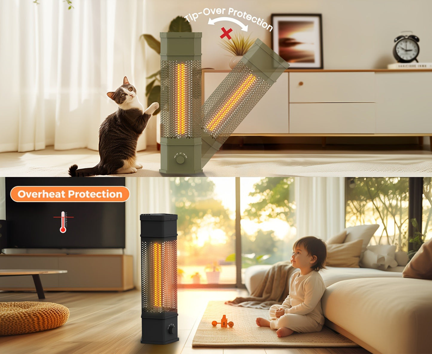 Electric Patio Heater 1400W 28", All-Around Radiant Heating with Tip-Over & Overheat Protection, Modern Indoor Outdoor Space Heater for Bedroom, Living Room, Garage, Backyard, Office