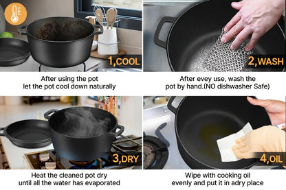Cast Iron Dutch Oven Pre-Seasoned with Lid – Deep Pot for Bread Baking, Camping, BBQ & Stove | Double Handle, Silicone Lid, Scraper & Stand Included