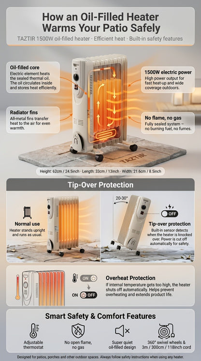 Oil Filled Radiator Heater 1500W Portable Electric Space Heater with 3 Heating Modes 600W/900W/1500W, Adjustable Thermostat, Overheat & Tip-Over Protection, Heavy-Duty Metal Housing with Casters