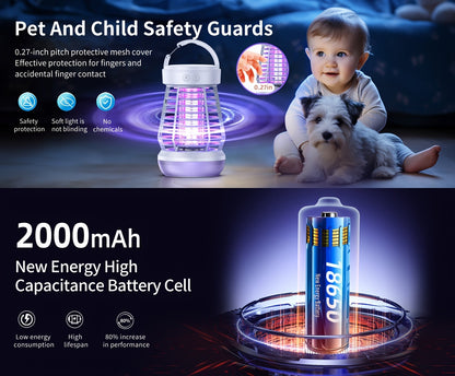 Bug Zapper Rechargeable 3-in-1 with UV Light & 2000V Electric Grid – Portable Mosquito Killer for Indoor & Outdoor Use, 2000mAh Battery, SOS Light, Garden, Yard, Camping, Bedroom