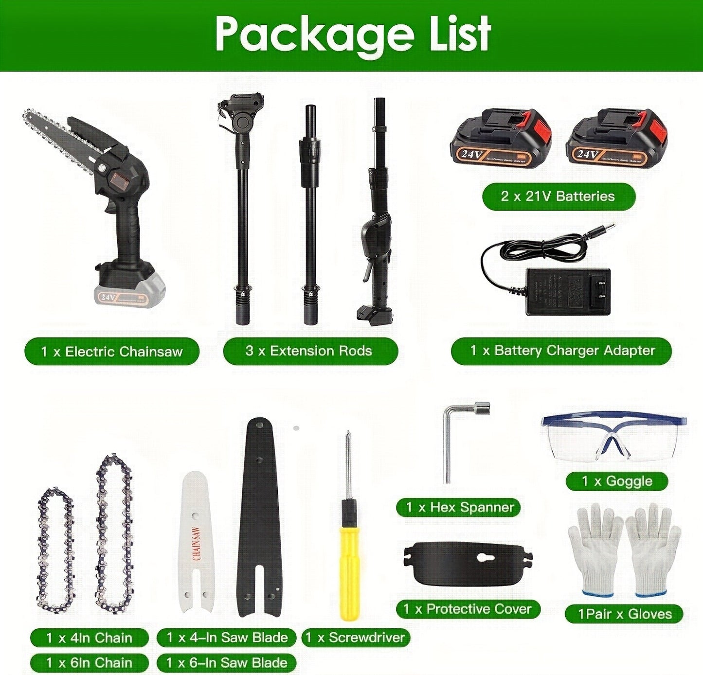 Tree Trimmer Pole Saw Cordless 2-in-1 with 4" & 6" Chains, 24V 1500mAh×2 Batteries, 3-Section Extendable to 71" & 90° Swivel Head for Branch Cutting
