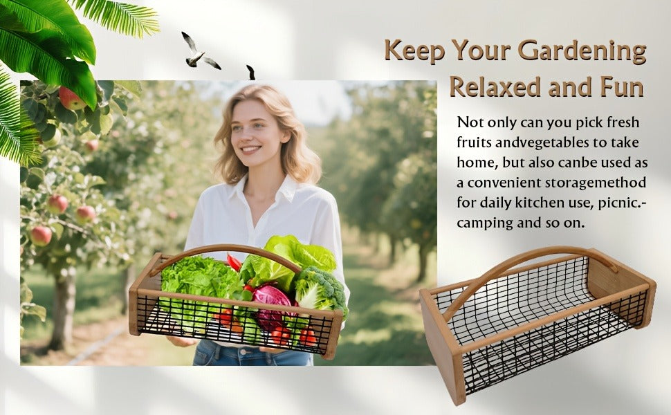Garden Harvest Basket Metal Mesh with Wooden Handle – Rectangle Vegetable Fruit Picking Basket for Garden, Kitchen & Farmhouse Storage, Wash & Drain Design, Small & Large, Black