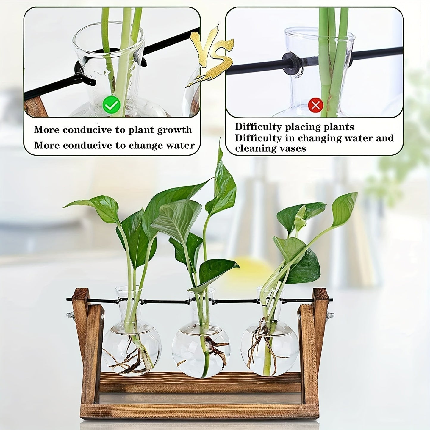 Propagation Station 3 Bulb Glass Vase with Wooden Stand - Hydroponic Plant Terrarium for Home Office Desk Decor, Unique Gardening Gift for Women Plant Lovers, Boho Cottagecore