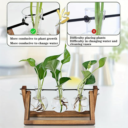 Propagation Station 3 Bulb Glass Vase with Wooden Stand - Hydroponic Plant Terrarium for Home Office Desk Decor, Unique Gardening Gift for Women Plant Lovers, Boho Cottagecore