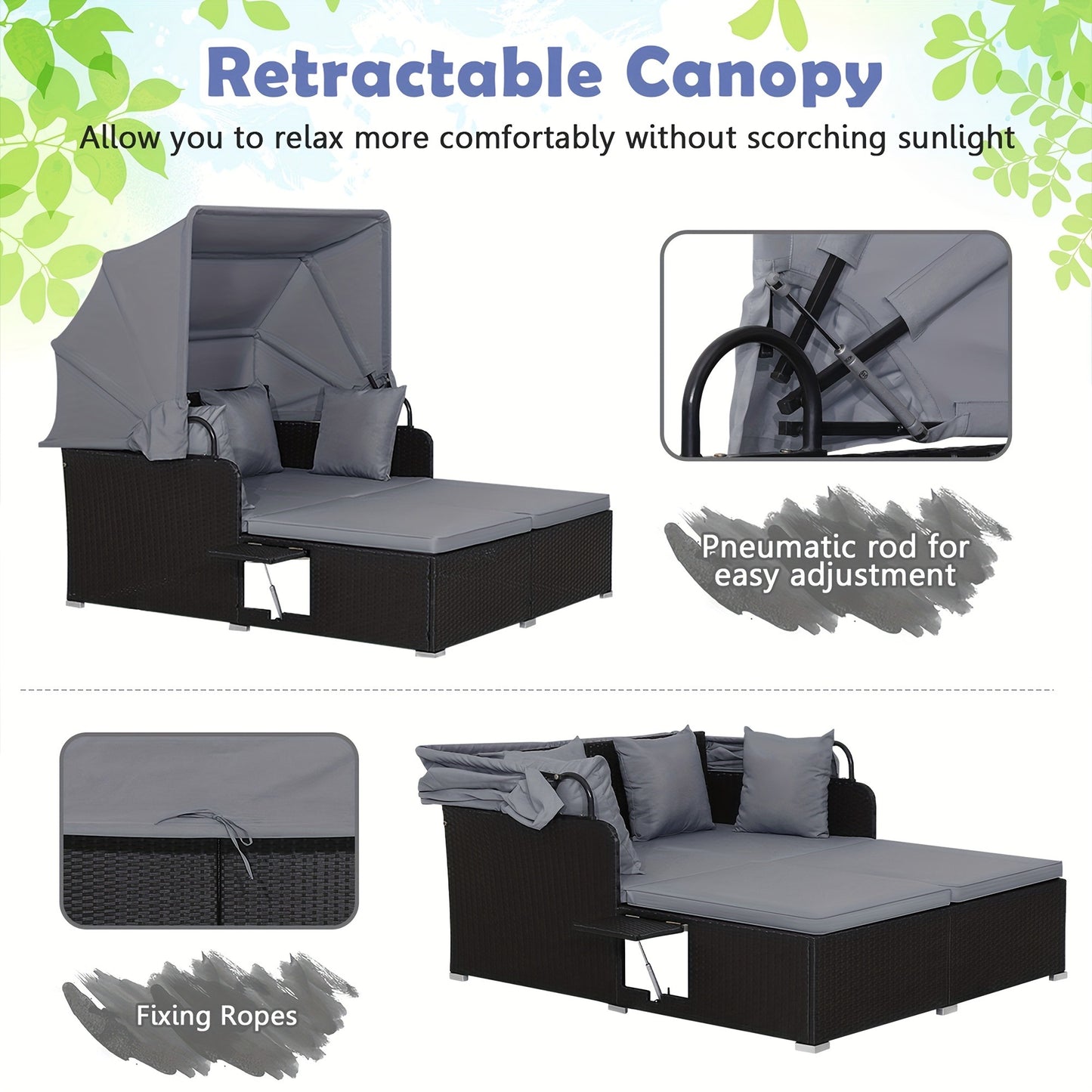 Outdoor Wicker Daybed with Retractable Canopy Side Tables Cushions PE Rattan Patio Lounge Bed Sun Lounger for Backyard Garden Pool