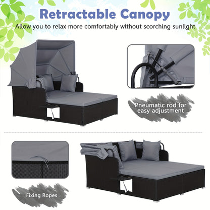 Outdoor Wicker Daybed with Retractable Canopy Side Tables Cushions PE Rattan Patio Lounge Bed Sun Lounger for Backyard Garden Pool