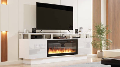 Fireplace TV Stand 70 Inch with 36" Electric Fireplace 2-Tier High Gloss Wood Entertainment Center LED Lights Cabinet Media Console Living Room