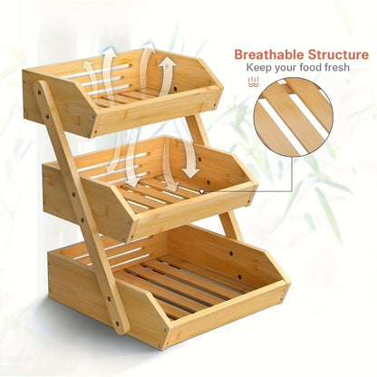Fruit Basket Stand 2 & 3 Tier Wooden Countertop Organizer Large Capacity Kitchen Storage for Fruits Vegetables Bread Produce with Banana Hooks Natural Wood