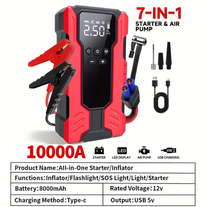 Car Jump Starter 10000A 7-in-1 Portable Battery Booster with Air Pump, Digital Tire Inflator 150PSI, LED Emergency Light for Gas & Diesel Vehicles