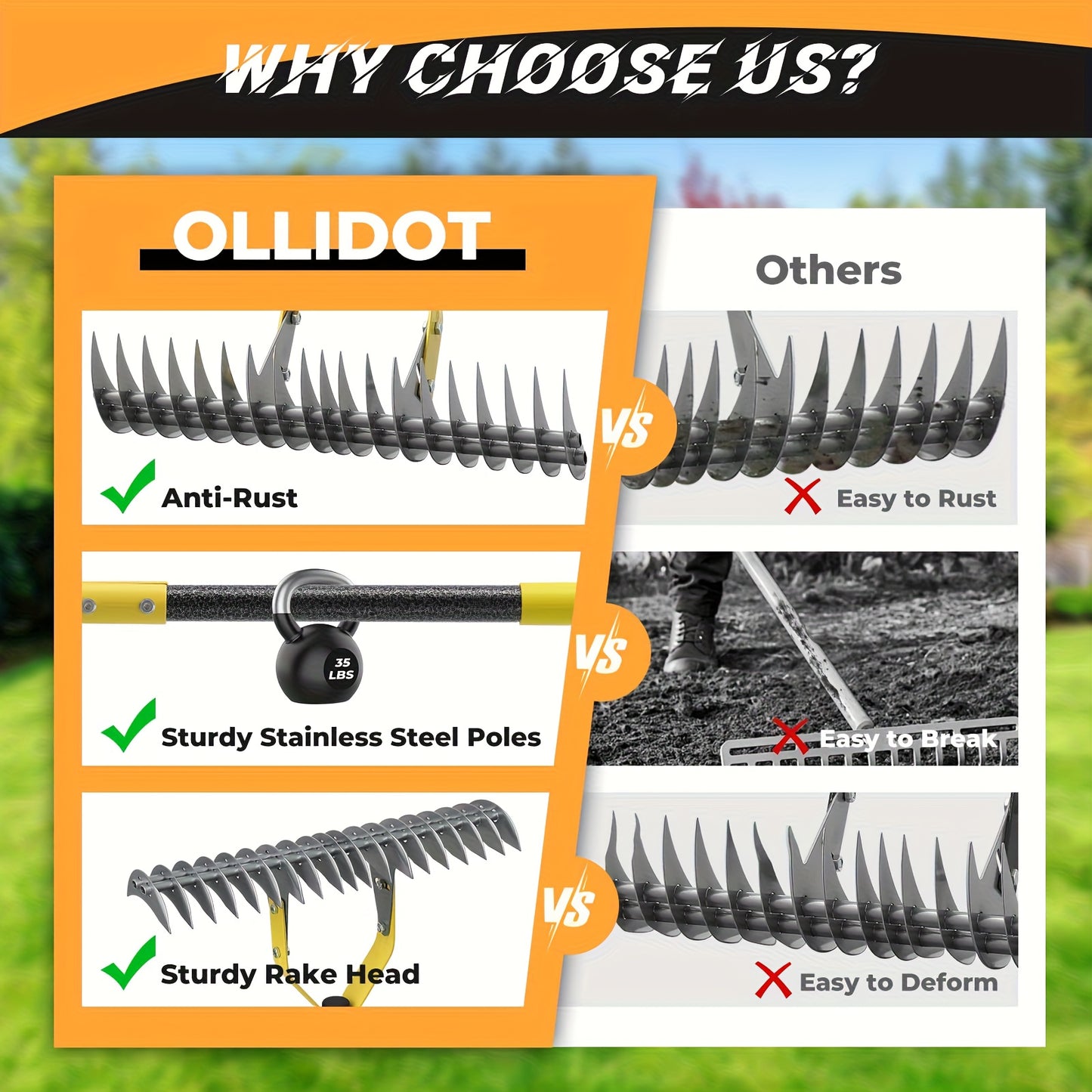 Thatch Rake Heavy Duty Dual-Action - 15-Inch Manual Dethatcher & Lawn Scarifier with Sharp Metal Blades for Dead Grass Removal, Soil Loosening & Lawn Aeration - Available in 55 & 70 Inch Handle