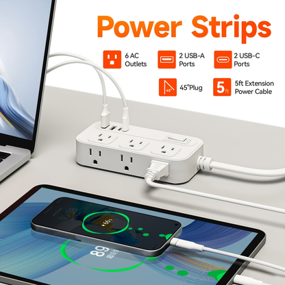 Power Strip Flat Plug Surge Protector with 6 AC Outlets 4 USB Ports 2 USB-C 2 USB-A 5ft Extension Cord Desk Charging Station for Home Dorm Office Travel