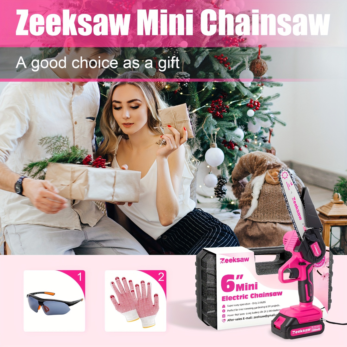 Mini Chainsaw for Women – 6-Inch Pink Cordless Electric Handheld Saw with Battery Level Display, Battery & Charger Included, Gardening Gift