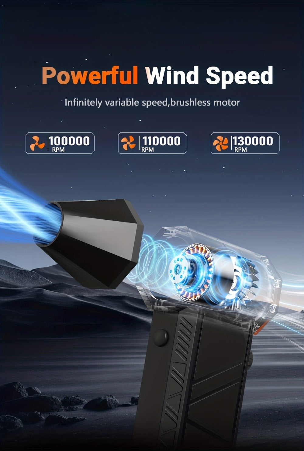 Electric Air Duster 130000RPM Rechargeable Handheld Blower, 3-Speed Wireless Turbine Fan for Computer Keyboard, Car & Home Cleaning — Black & Orange