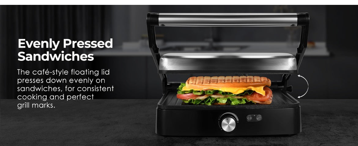 Panini Press Grill Indoor Sandwich Maker 4 Slice – Non-Stick 1200W Electric Grill with Temperature Control, 180° Opening, Removable Drip Tray | Countertop Steak & BBQ Grill