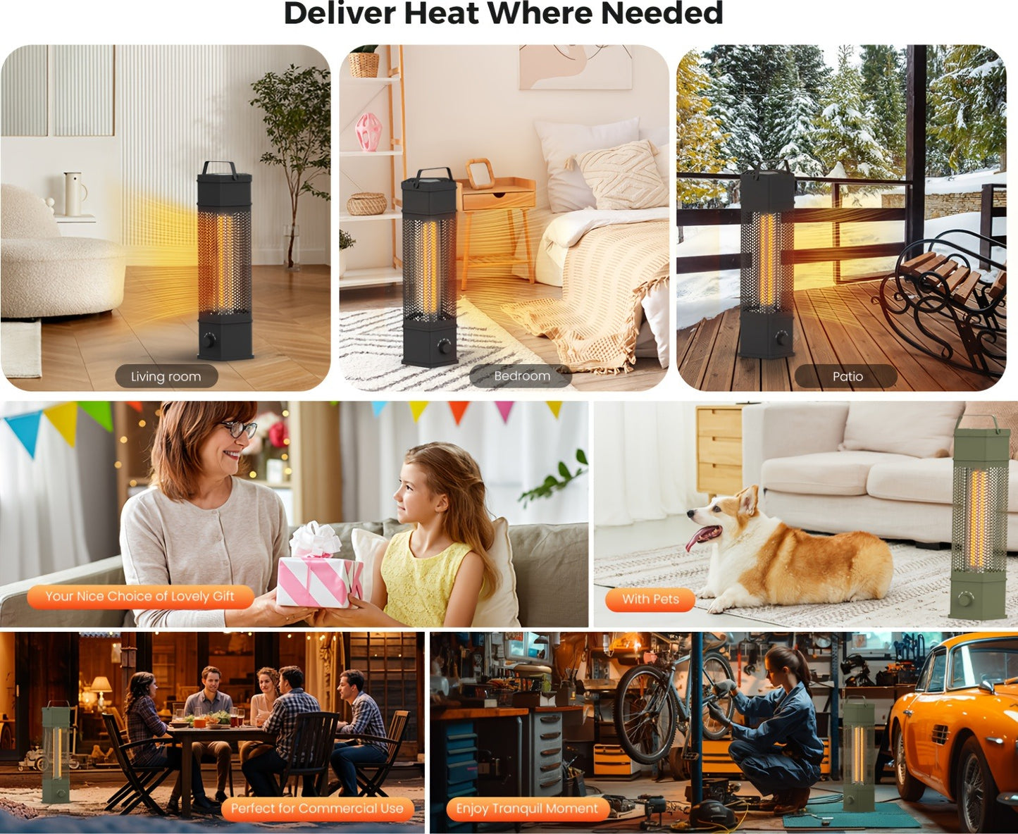 Electric Patio Heater 1400W 28", All-Around Radiant Heating with Tip-Over & Overheat Protection, Modern Indoor Outdoor Space Heater for Bedroom, Living Room, Garage, Backyard, Office