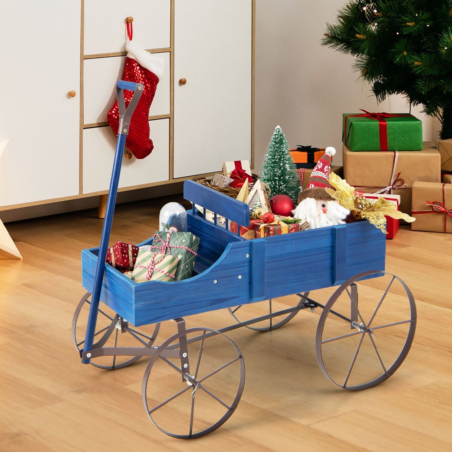 Wooden Flower Stand with 4 Wheels – Rolling Plant Trolley for Garden, Balcony & Terrace