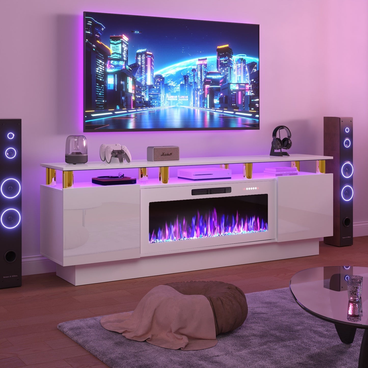Fireplace TV Stand 70 Inch with 36" Electric Fireplace 2-Tier High Gloss Wood Entertainment Center LED Lights Cabinet Media Console Living Room