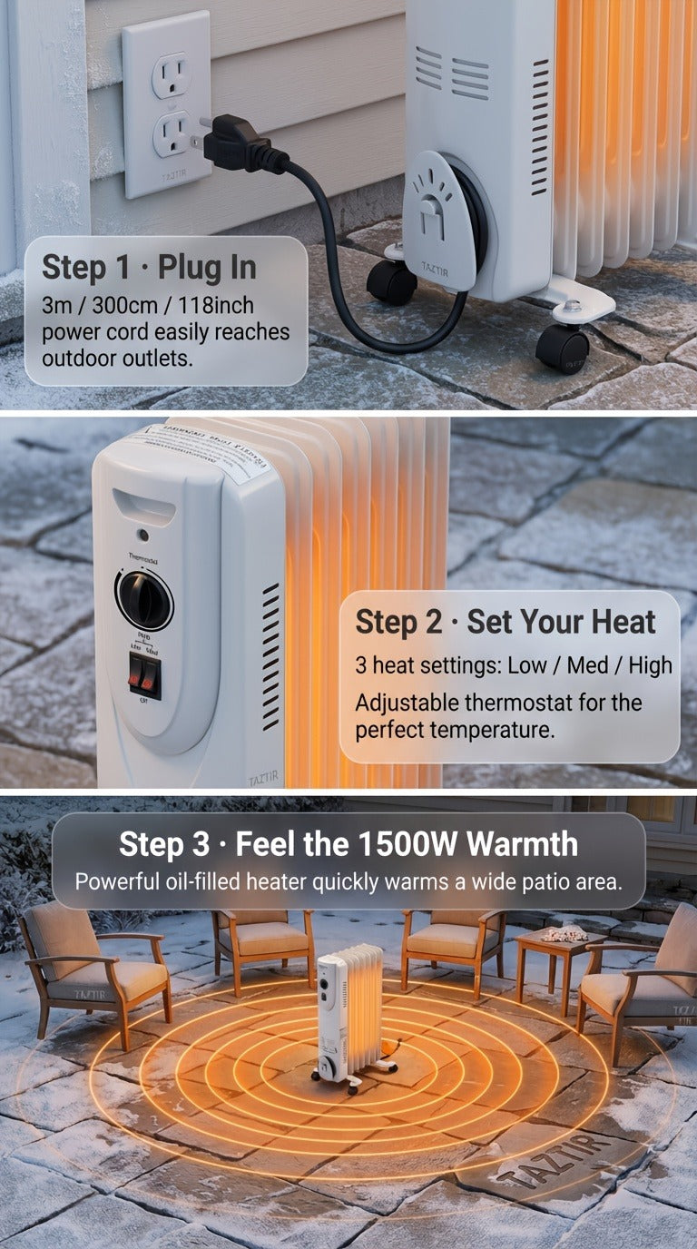 Oil Filled Radiator Heater 1500W Portable Electric Space Heater with 3 Heating Modes 600W/900W/1500W, Adjustable Thermostat, Overheat & Tip-Over Protection, Heavy-Duty Metal Housing with Casters