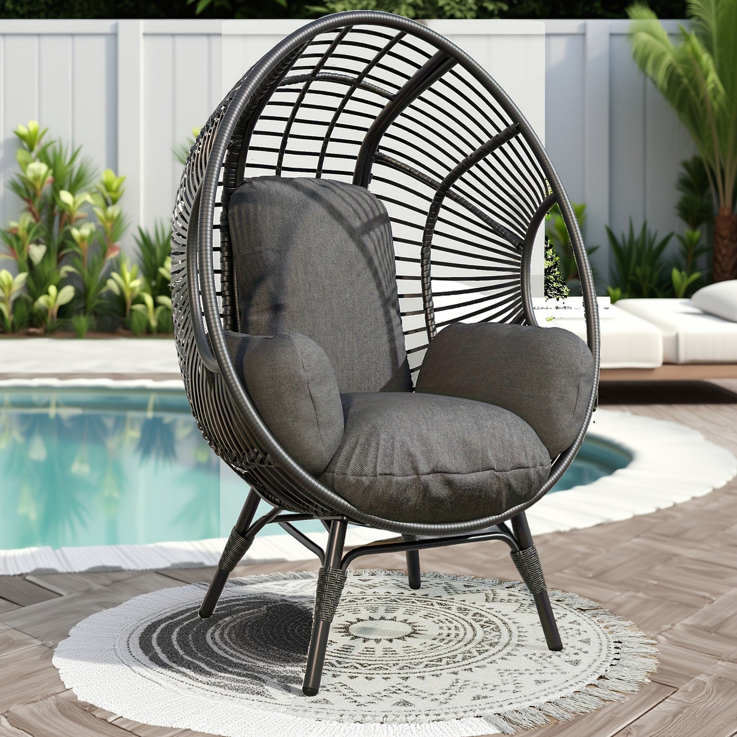 Egg Chair Outdoor Wicker Oversized Hanging Basket Chair with Stand & Cushion 500LBS Capacity UV-Resistant Rattan Style Patio Lounge Chair for Garden Backyard Balcony Porch Beige Black