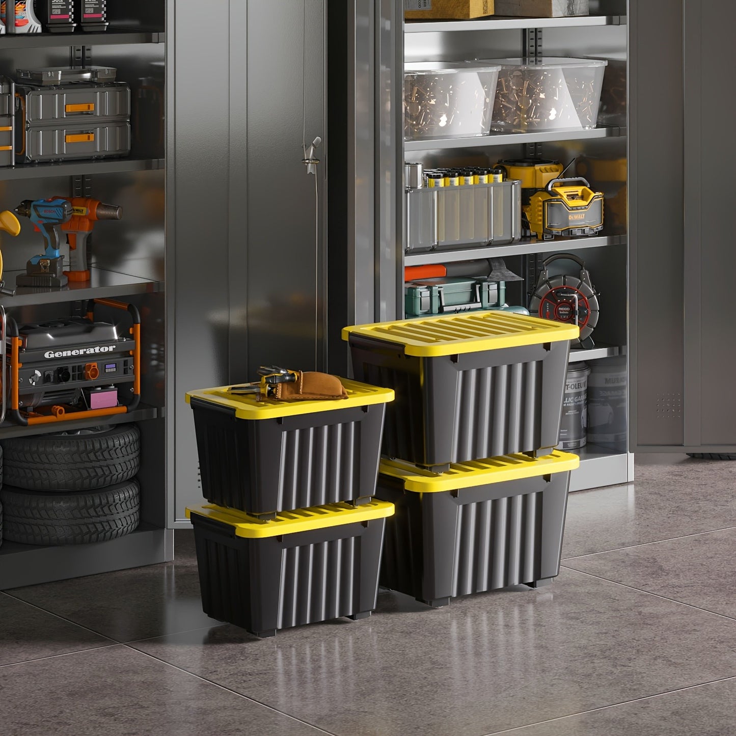 Storage Containers with Lids and Wheels | Stackable 72QT & 97QT Plastic Bins | 4 or 6 Pack | Locking Lid | Clear, Pink/White, Gray/Yellow | Home Garage