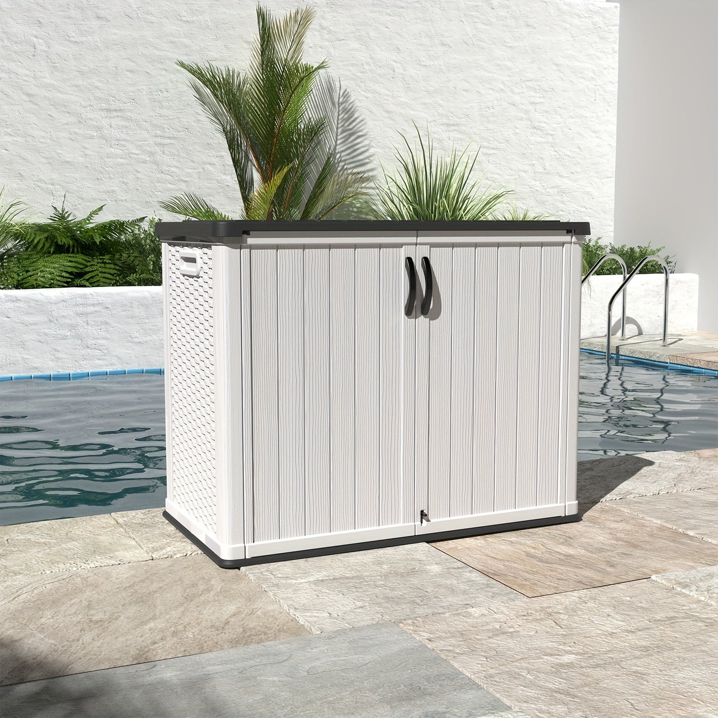 Outdoor Storage Shed 4x2 Resin Vertical Cabinet w/ Floor - White & Beige