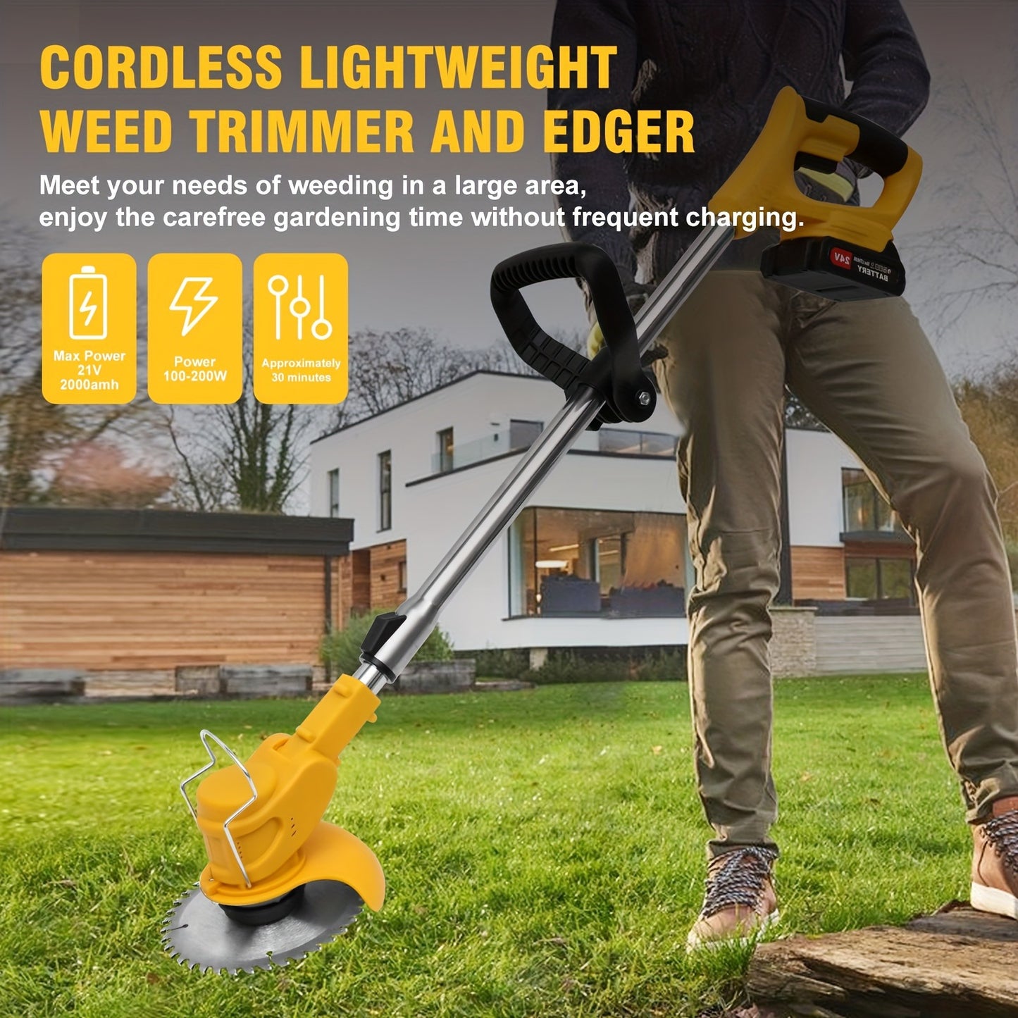 21V Cordless Lightweight Weed Trimmer & Edger. Comes with 1/2 Batteries and Charger. 3-in-1 Cordless Grass Trimmer, Edger, and Brush Cutter. Powerful and Long-Lasting. for Lawn, Yard, and Garden.