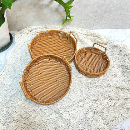 Woven Rattan Bread Basket Set of 3 Round Fruit Basket with Handles for Bread Fruit Vegetables Dim Sum Dining Table Catering Display Decor