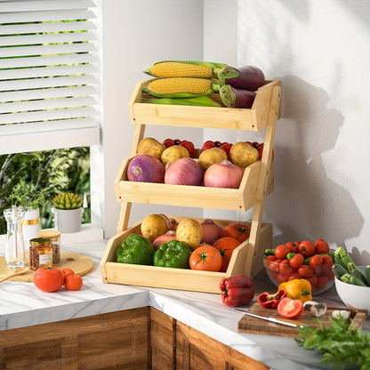 Fruit Basket Stand 2 & 3 Tier Wooden Countertop Organizer Large Capacity Kitchen Storage for Fruits Vegetables Bread Produce with Banana Hooks Natural Wood