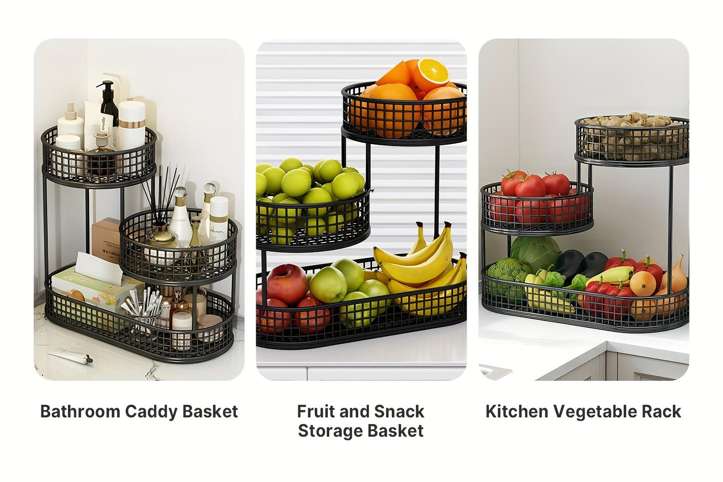 3-Tier Metal Fruit Basket Large Capacity Black Wire Rack | Kitchen Countertop Organizer for Fruits Vegetables Bread Snacks