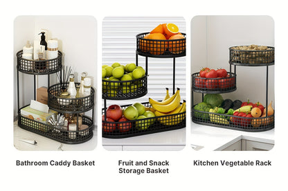 3-Tier Metal Fruit Basket Large Capacity Black Wire Rack | Kitchen Countertop Organizer for Fruits Vegetables Bread Snacks