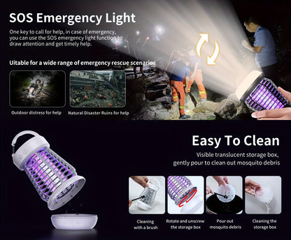 Bug Zapper Rechargeable 3-in-1 with UV Light & 2000V Electric Grid – Portable Mosquito Killer for Indoor & Outdoor Use, 2000mAh Battery, SOS Light, Garden, Yard, Camping, Bedroom