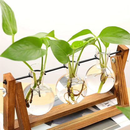 Propagation Station 3 Bulb Glass Vase with Wooden Stand - Hydroponic Plant Terrarium for Home Office Desk Decor, Unique Gardening Gift for Women Plant Lovers, Boho Cottagecore