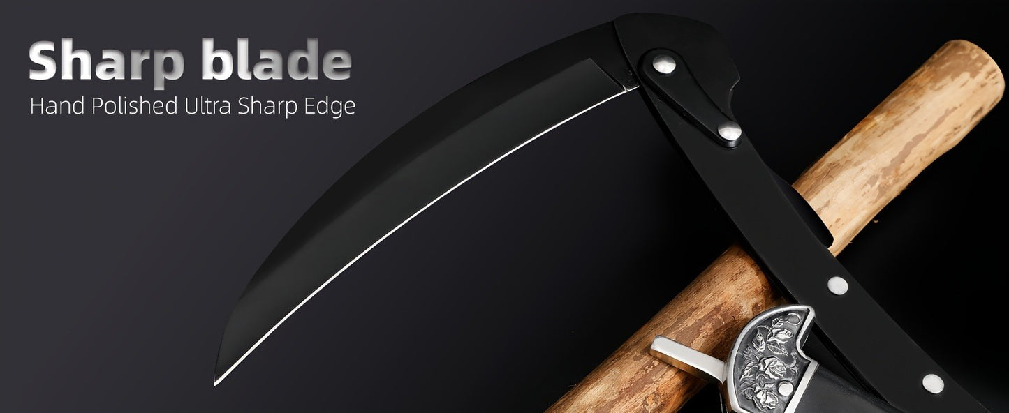 Folding Sickle Stainless Steel Flat Edge Blade with Black Wood Handle & Double Bolsters, Portable Weeding Scythe with Nylon Case for Gardening, Camping and Outdoor Survival