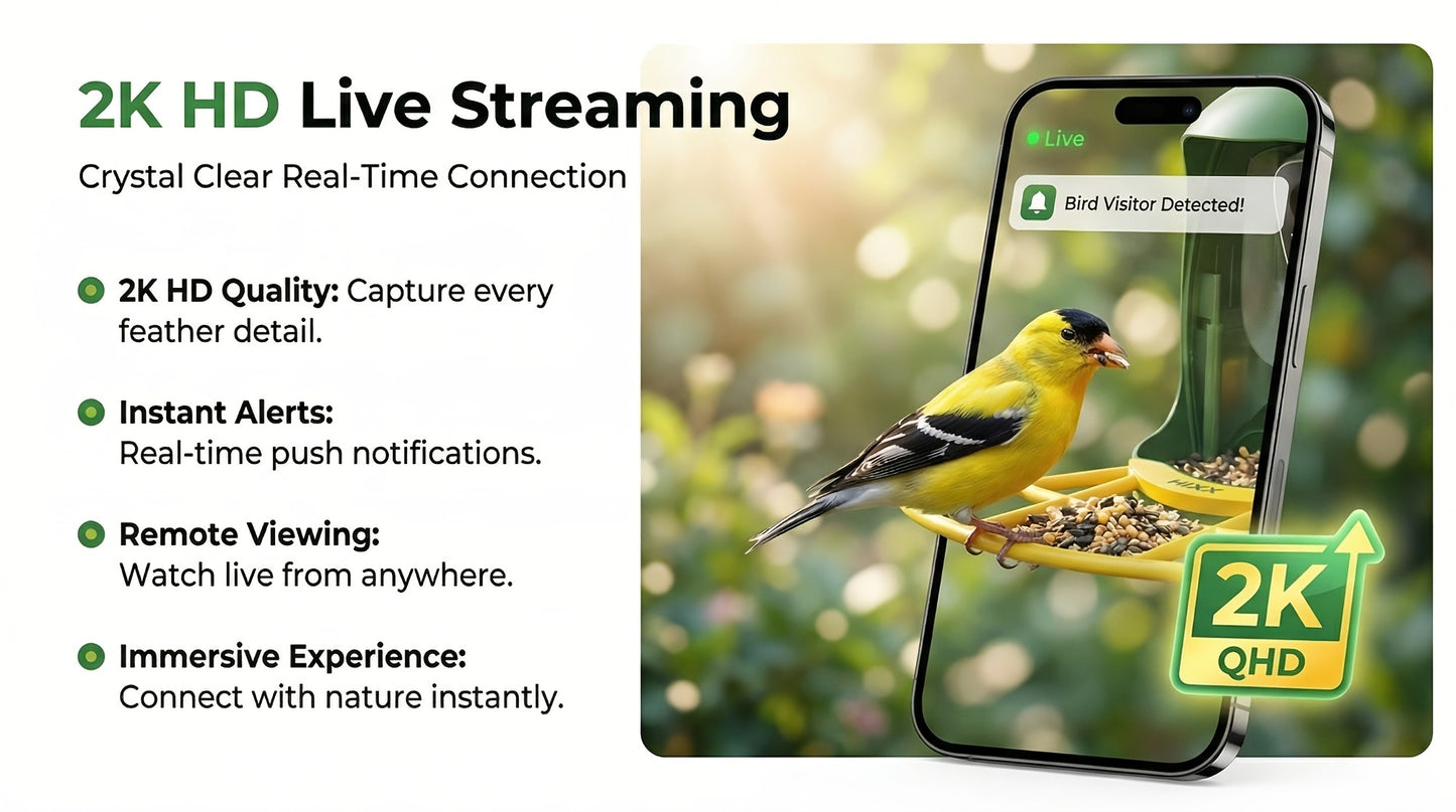 Smart Bird Feeder with Camera AI Bird Identification, 2K HD Live View, Auto Capture & Color Night Vision, Outdoor Wireless Bird Watching Gift for Bird Lovers, Green
